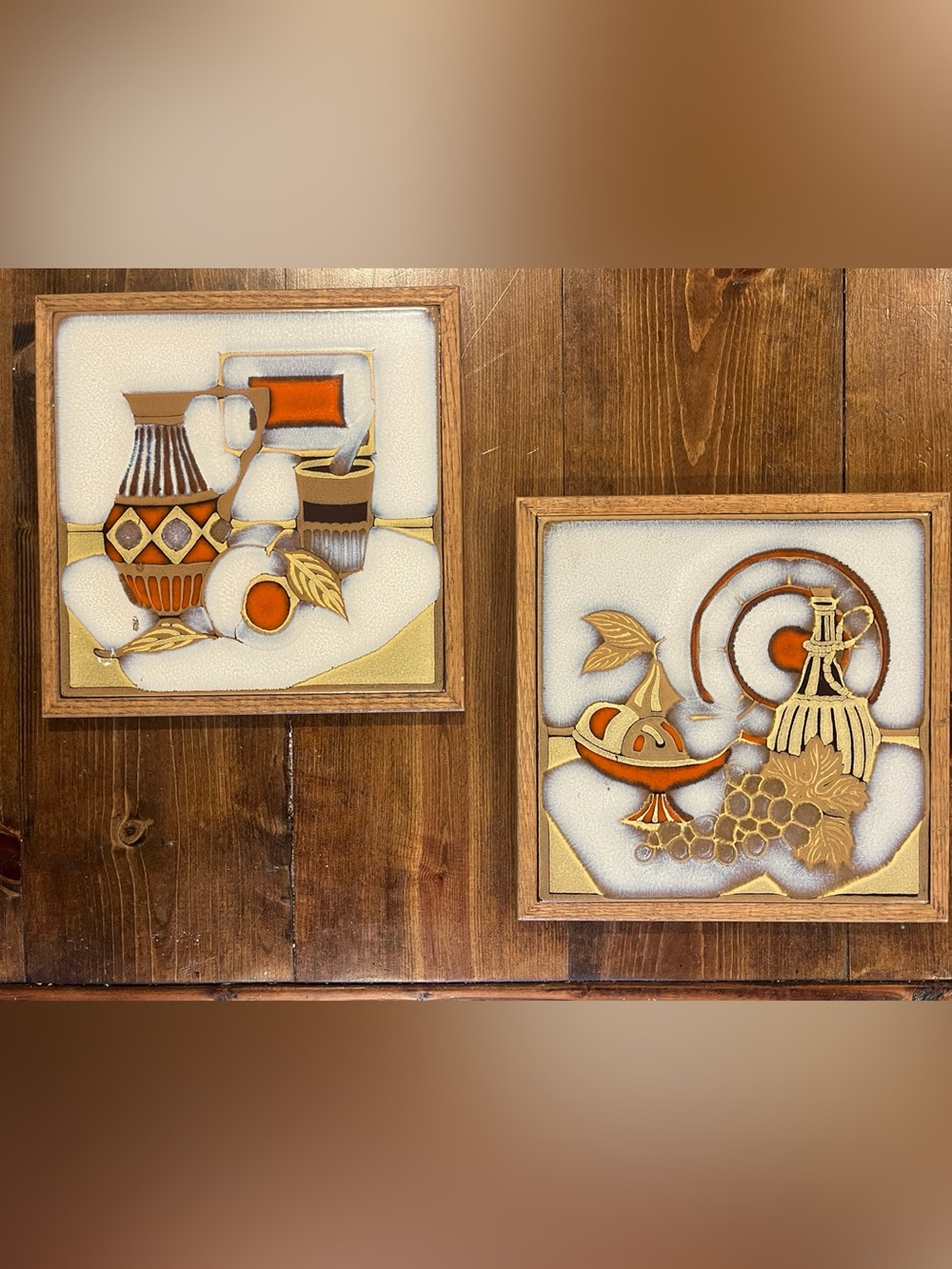 Vintage MCM Wood Framed Ceramic Italian Tile Trivet Set of Two